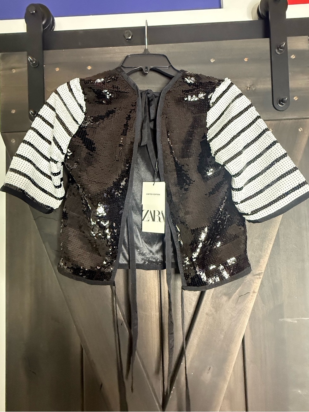 Zara Black Sequin Cropped Jacket with White and Black Striped Sleeves